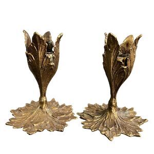 Pier 1 Brass Leaf Candle Holders Set Of 2 Gold Vintage Victorian Candlestick